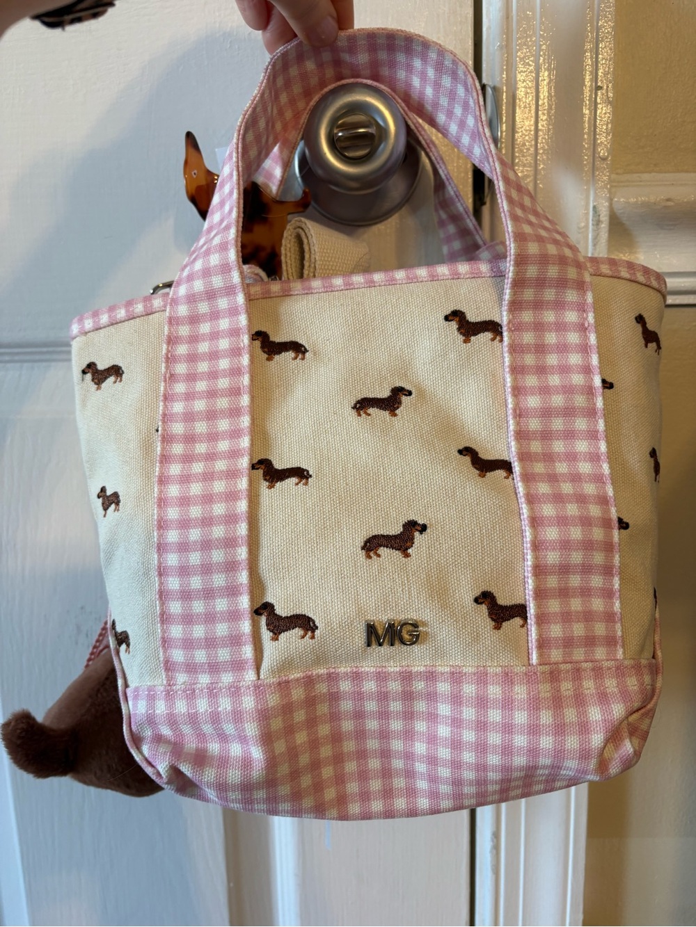 Madden Girl Pink Gingham Dachshund Crossbody Bag with Plush Charm - Picture 6 of 6